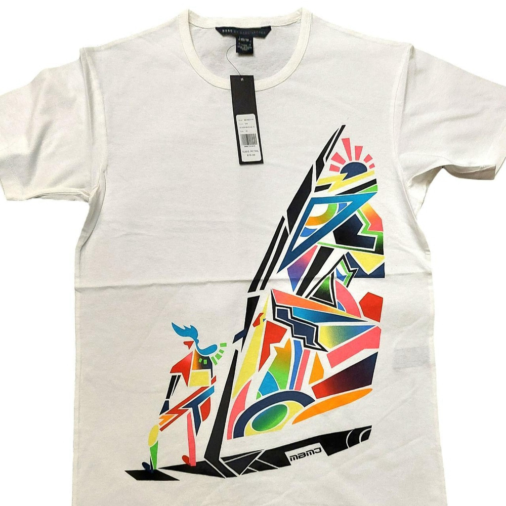 Marc by Marc Jacobs White Cotton Graphic Multi-Color Surf Tee Shirt Sz XS $78